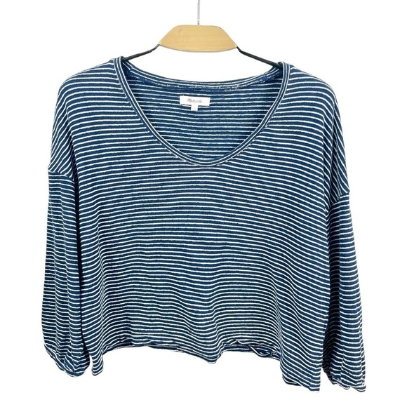 Madewell Navy Striped Bubble Sleeve Cotton Slub V Neck Sweatshirt Size L - Picture 4 of 7